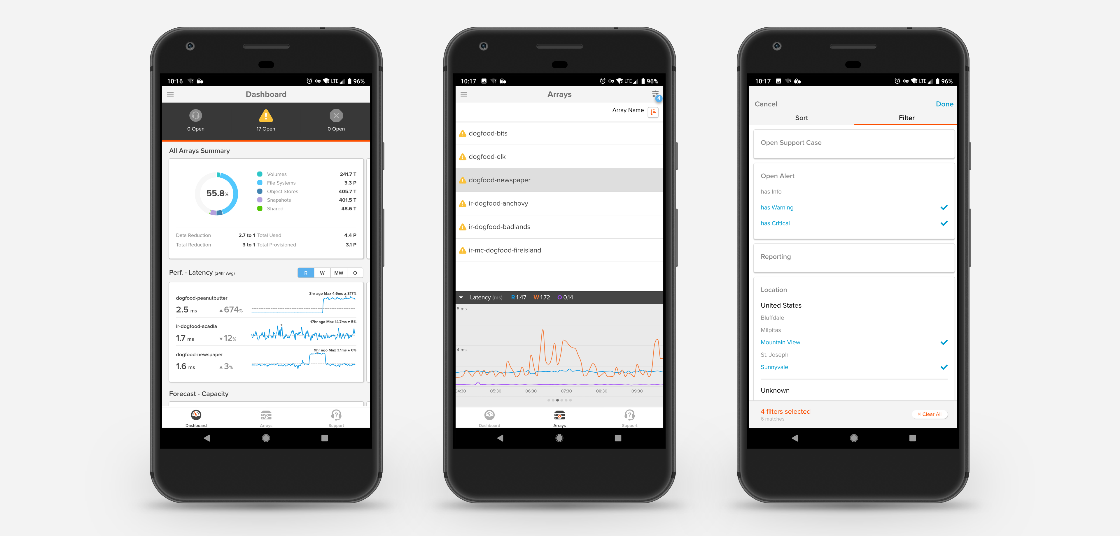 3 screens of Pure1 Mobile app 2.0: Dashboard, Arrays, Settings